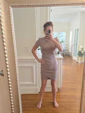 Ecpress Taupe Short Sleeve Ruched Bodycon Dress -